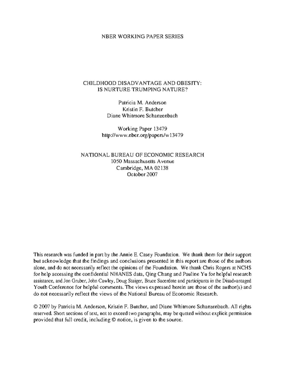 NBER Working Paper 13479: Childhood Disadvantage and Obesity Analysis ...
