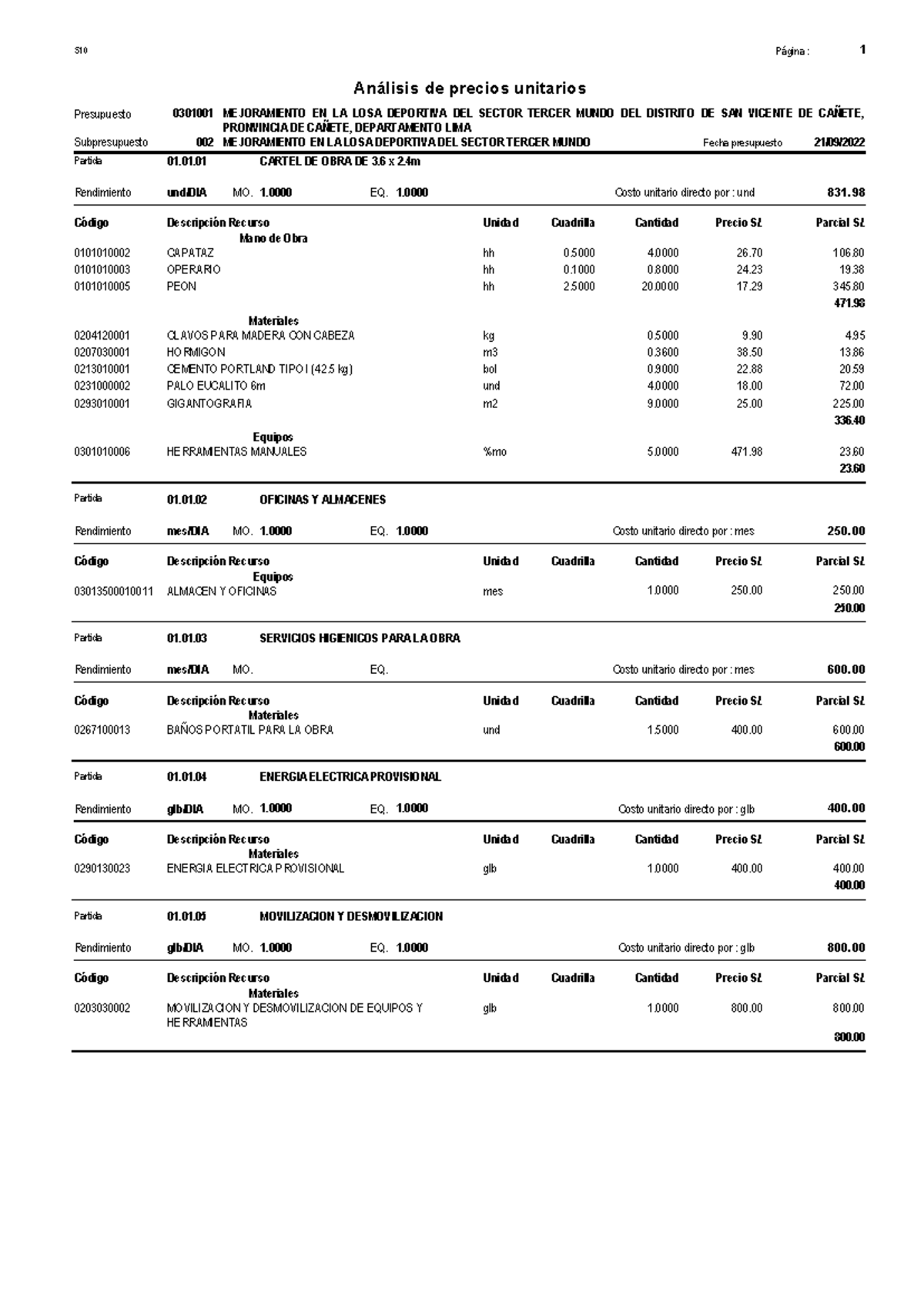 APU 3 Presupuesto y Análisis de Precios: Losa Deportiva Tercer Mundo - Document Preview