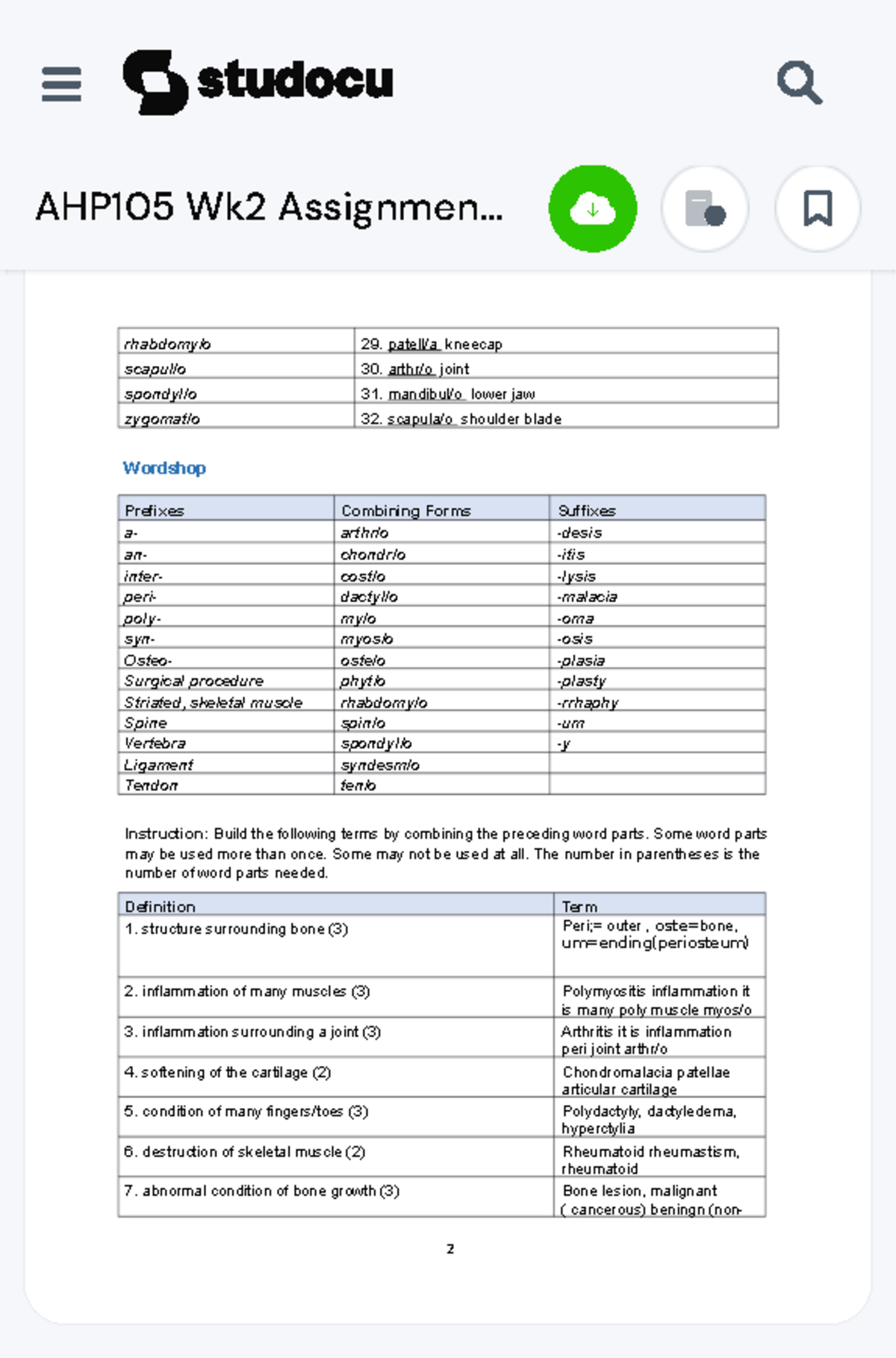 AHP105 Wk2 Assignment - medical terminology - Musculoskeletal System ...