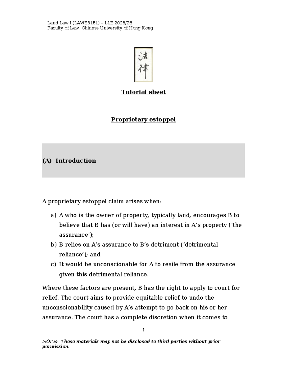 Proprietary Estoppel Tutorial Sheet (LAWS3151) - Land Law I - Studocu