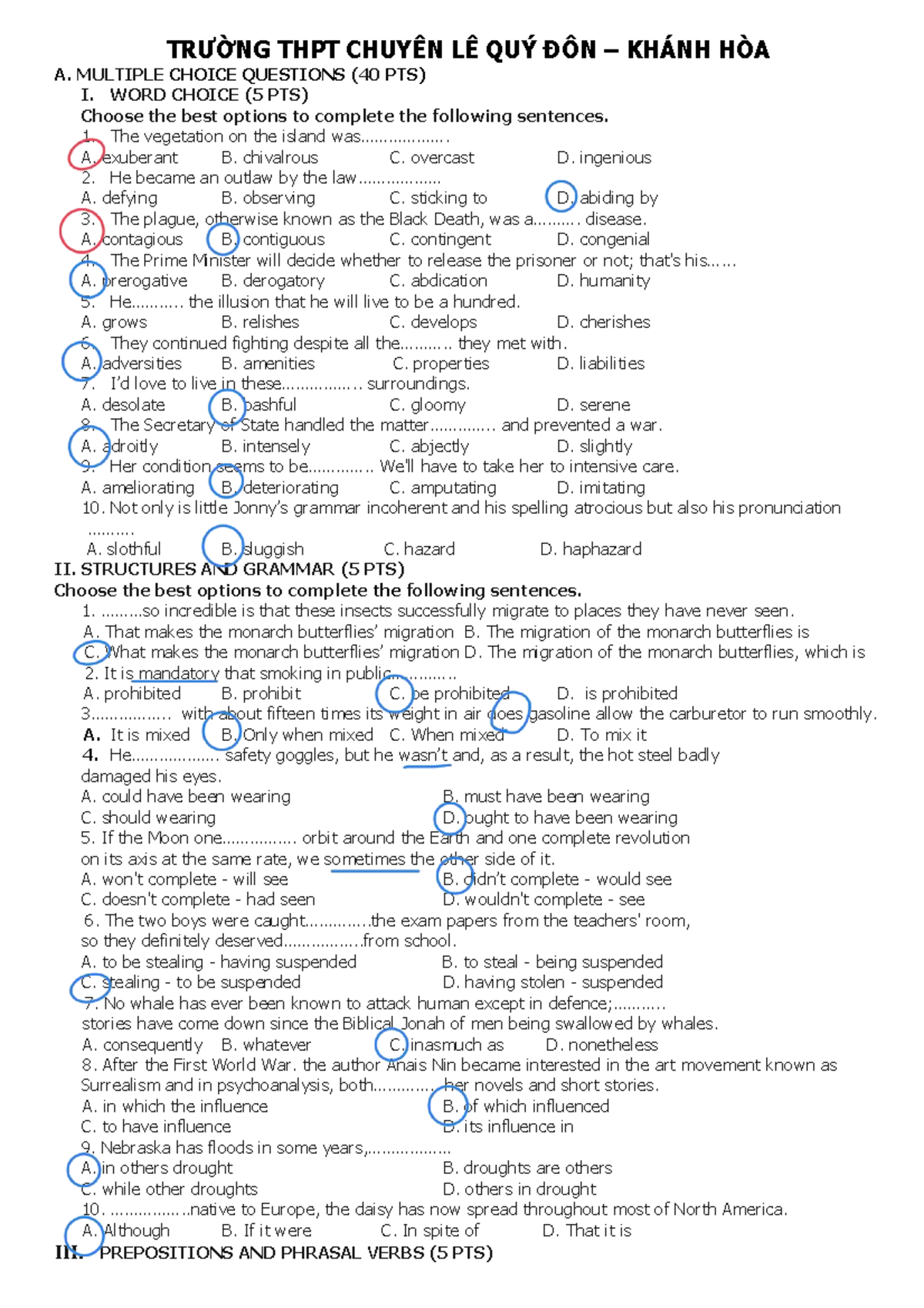 30-4 Handout: Multiple Choice Questions for Vocabulary and Grammar ...