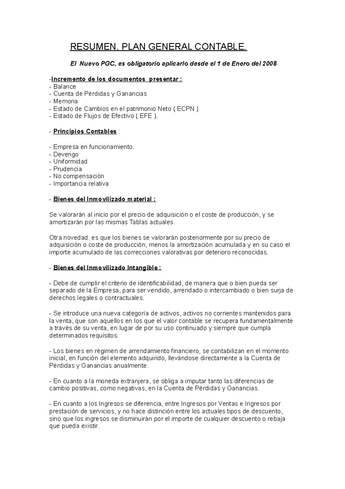Resumen del Plan General Contable (PGC) - Claves y Principios - Studocu