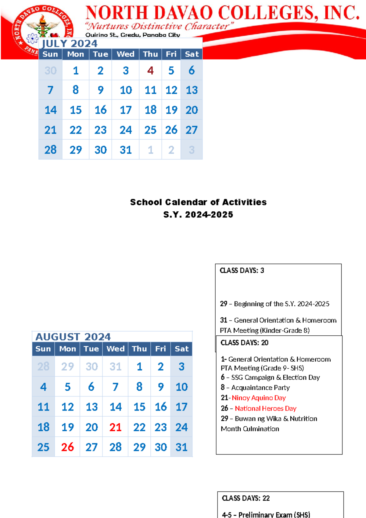 Initial 2024 2025 school calendar of activities - JULY 2024 Sun Mon Tue ...