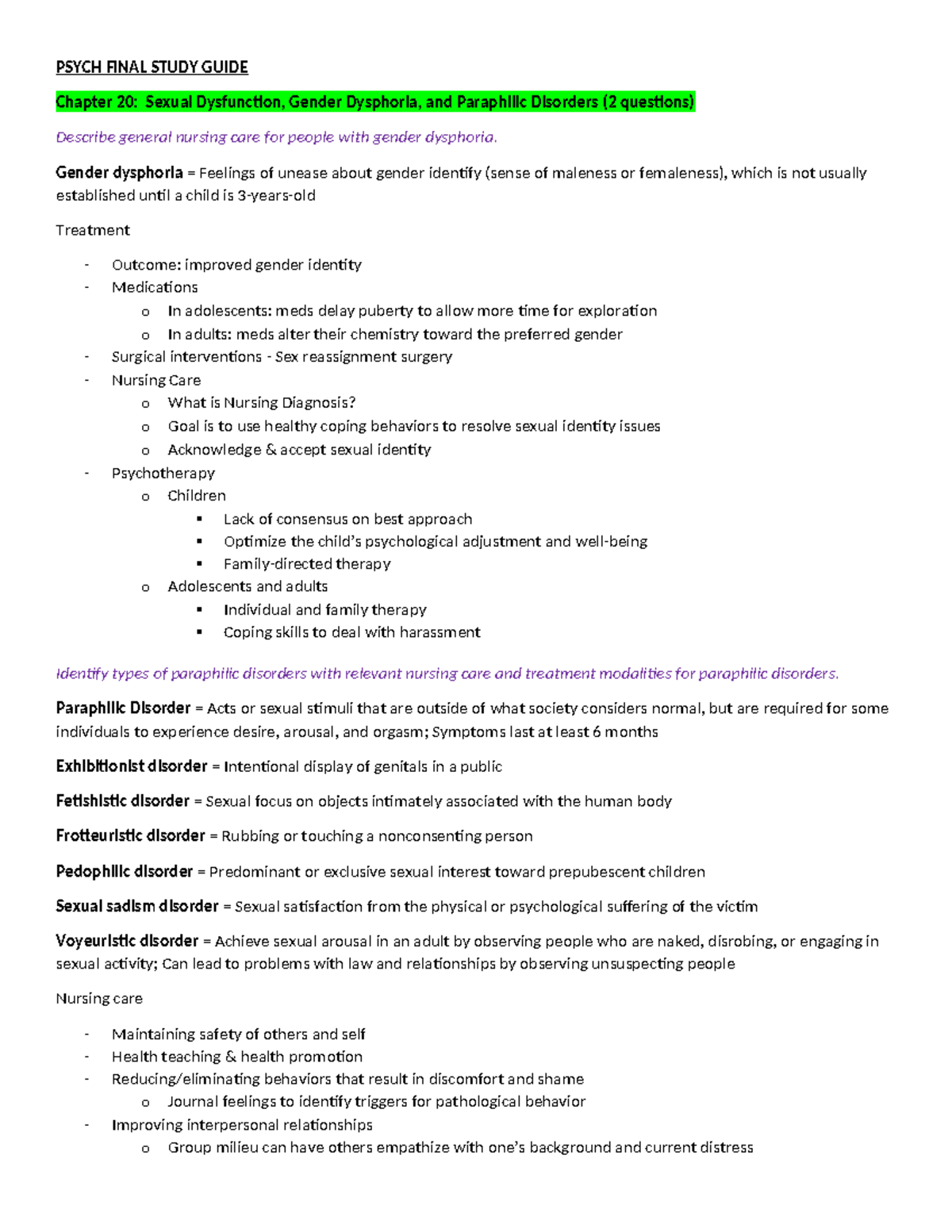 PSYCH 101 FINAL STUDY GUIDE: Sexual Dysfunction, Assault, and Violence ...