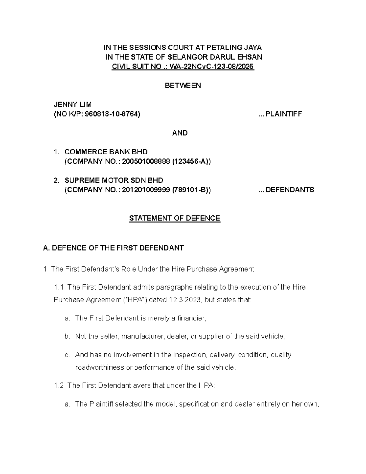 Statement of Defence (SOD) in Civil Suit No. at Petaling Jaya - Studocu