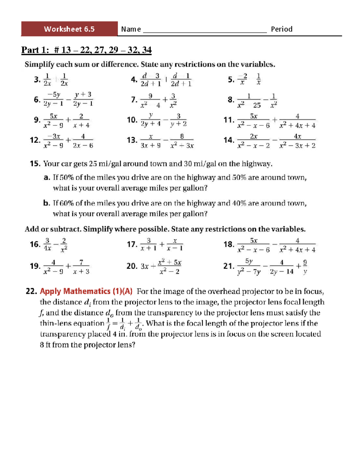 Worksheet 6.5: Functions, Simplifications, and Solving for Variables ...