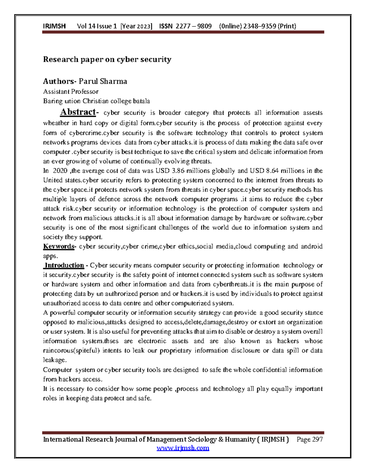 IRJMSH Vol 14 Issue 1 [2023]: Research Paper on Cyber Security Analysis ...