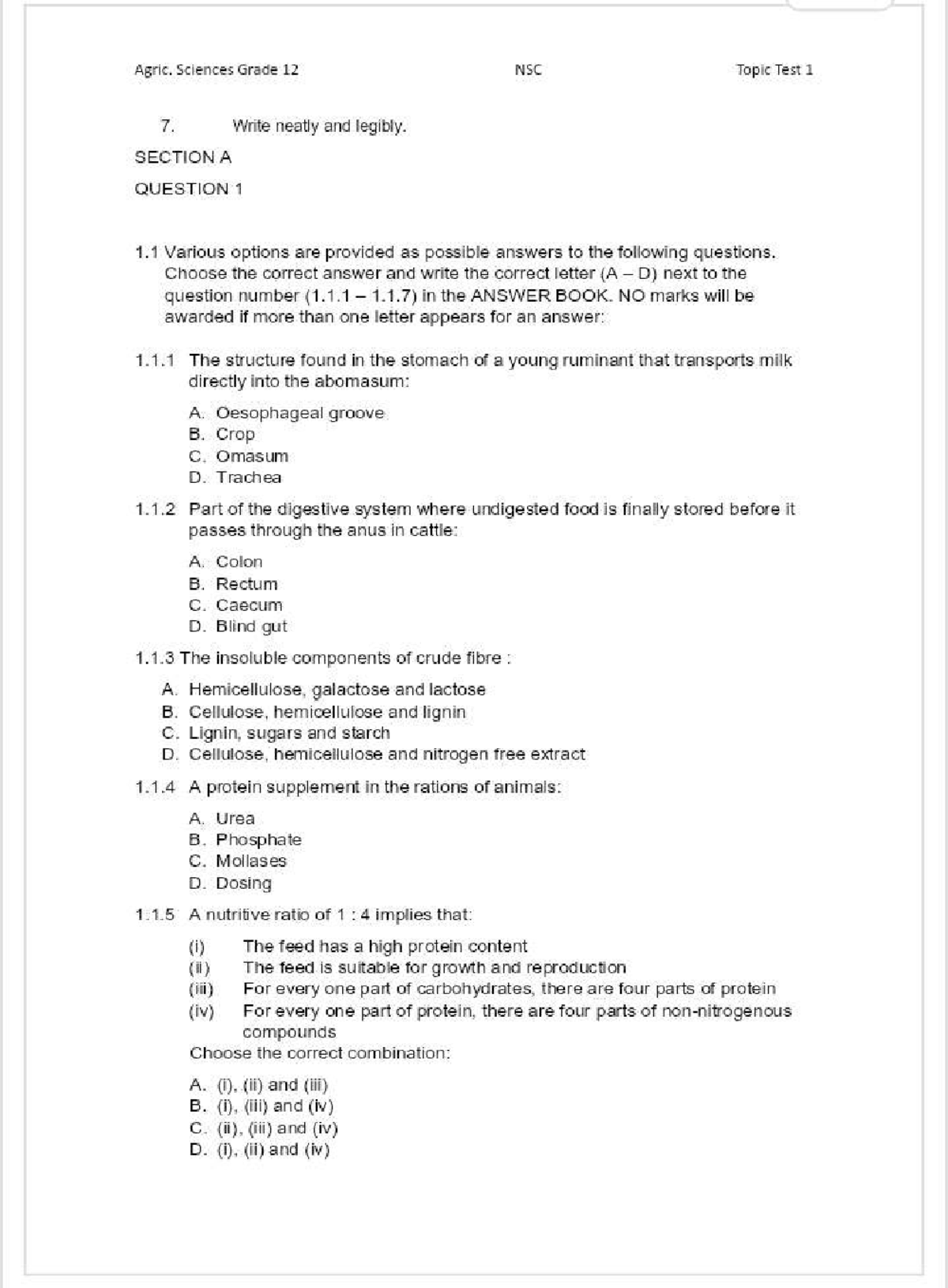 Agric. Sciences Grade 12 NSC Topic Test 1 - Comprehensive Review - Studocu