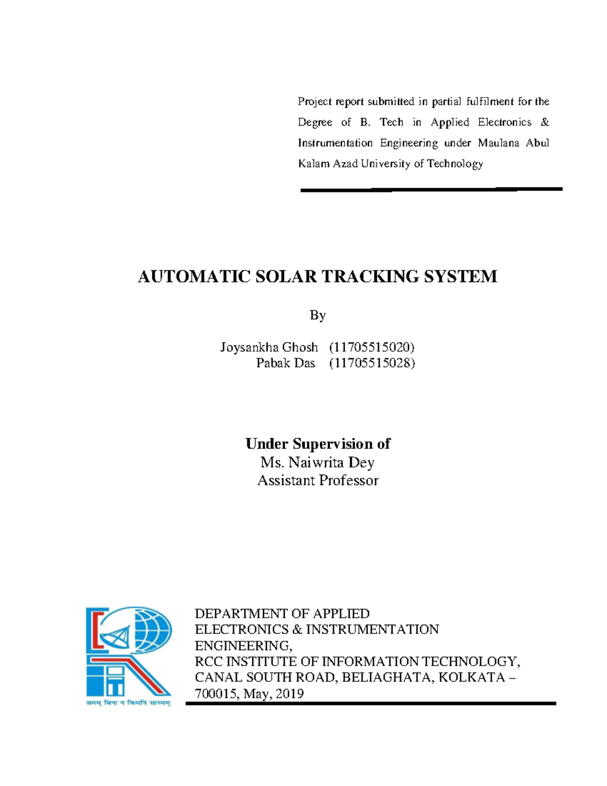 Solar Tracking System Project Report - B. Tech AEIE - Studocu