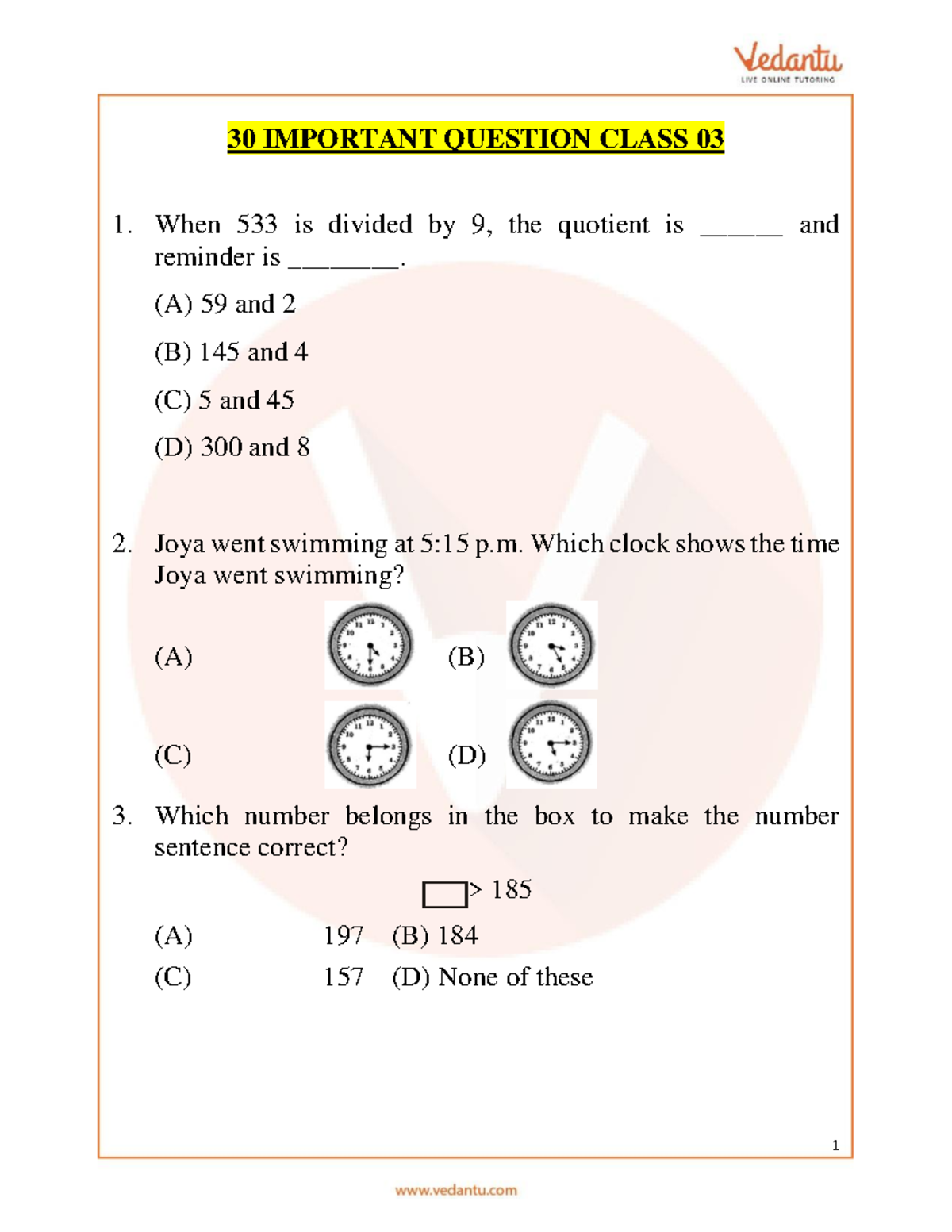 Important Maths Questions for IMO Class 3 Students - Studocu