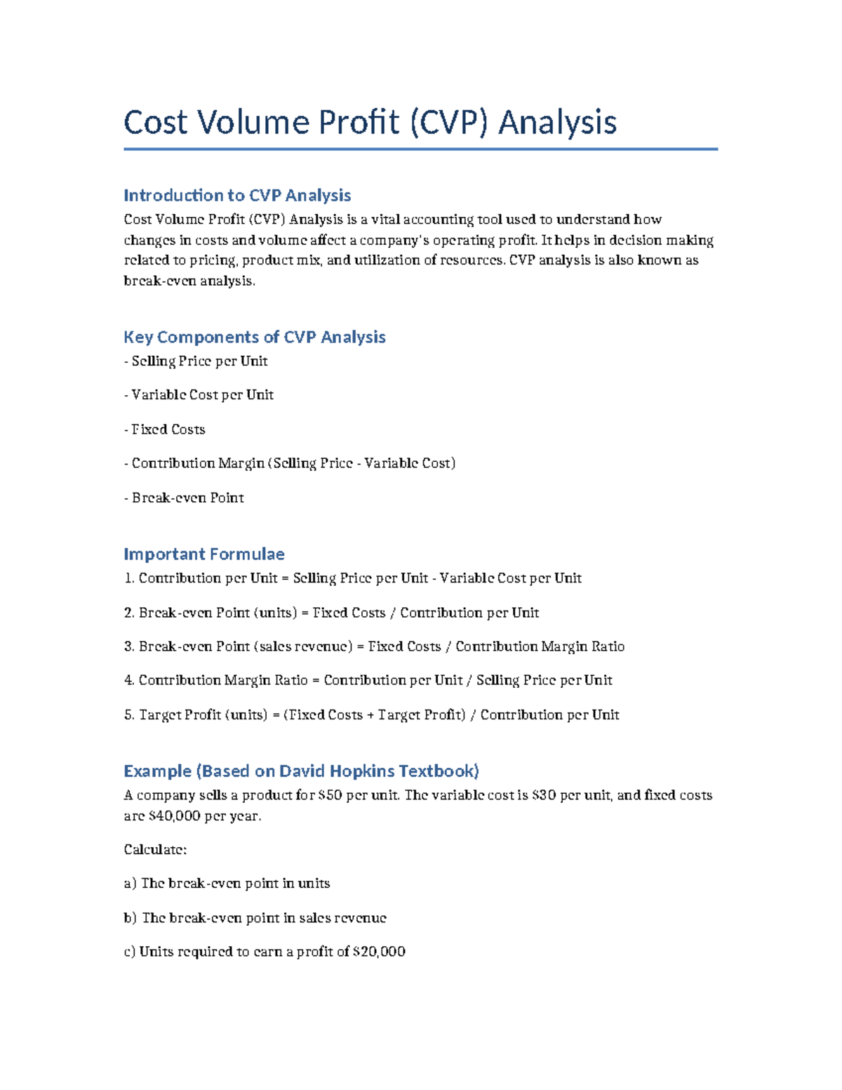 Cost Volume Profit (CVP) Analysis Notes for Accounting 101 - Studocu