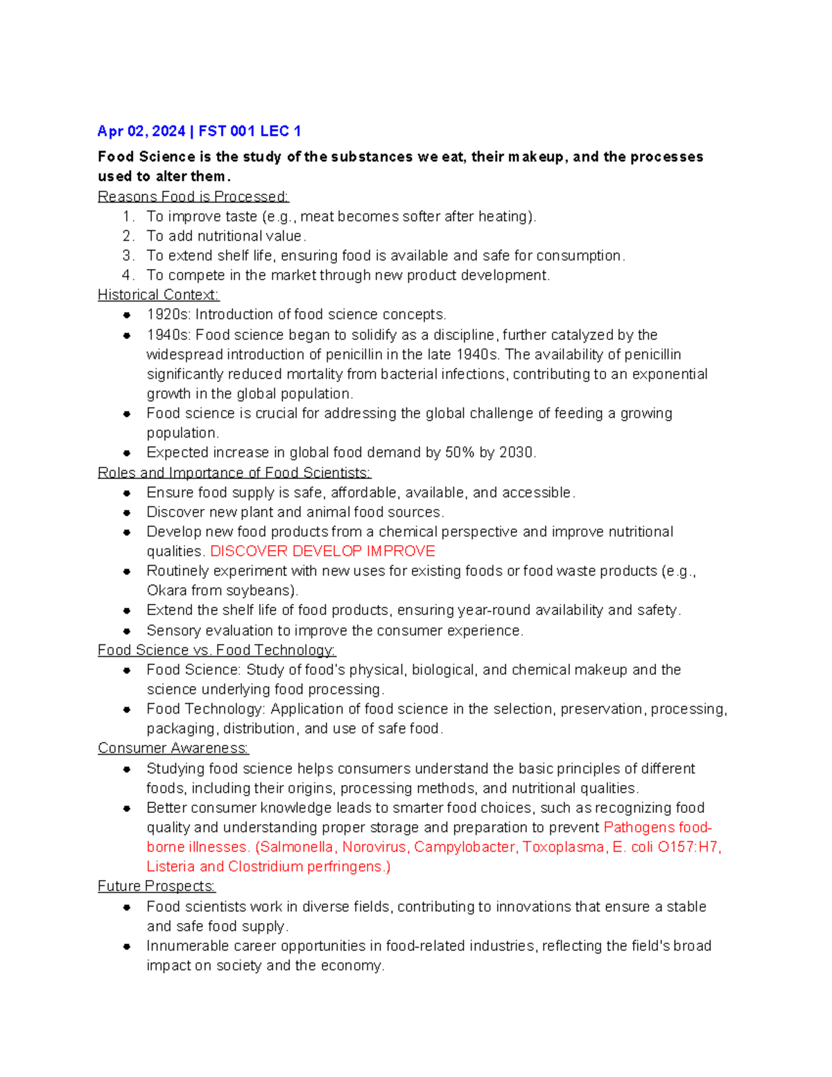 FST 001 LEC - Comprehensive Lecture Notes on Food Science - Studocu