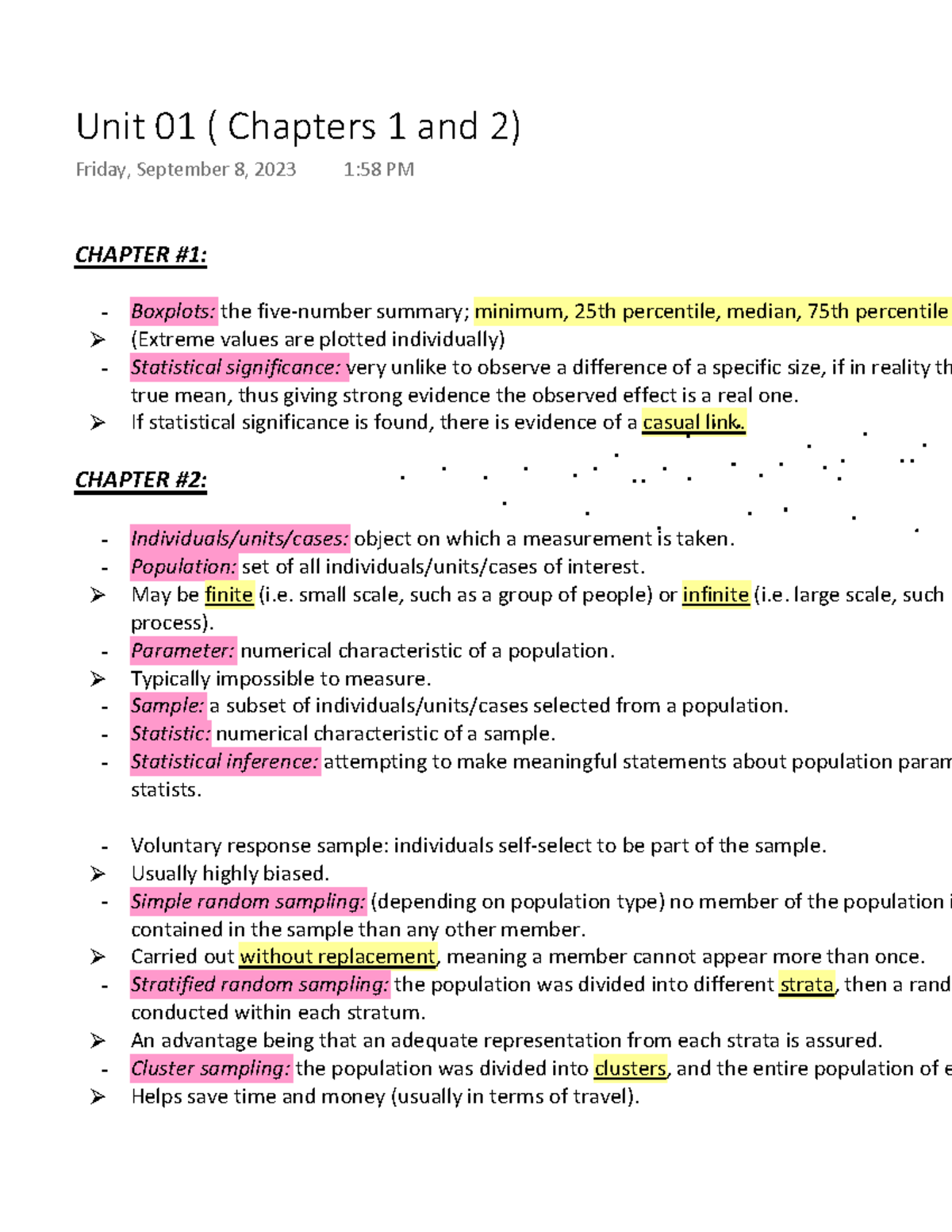 Statistics 101 Class Notes: Chapters 1 & 2 Overview - Studocu