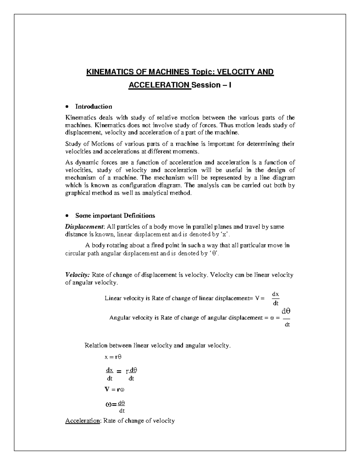 Kinematics OF Machines Topic- Velocity AND Acceleration - Unit -II ...