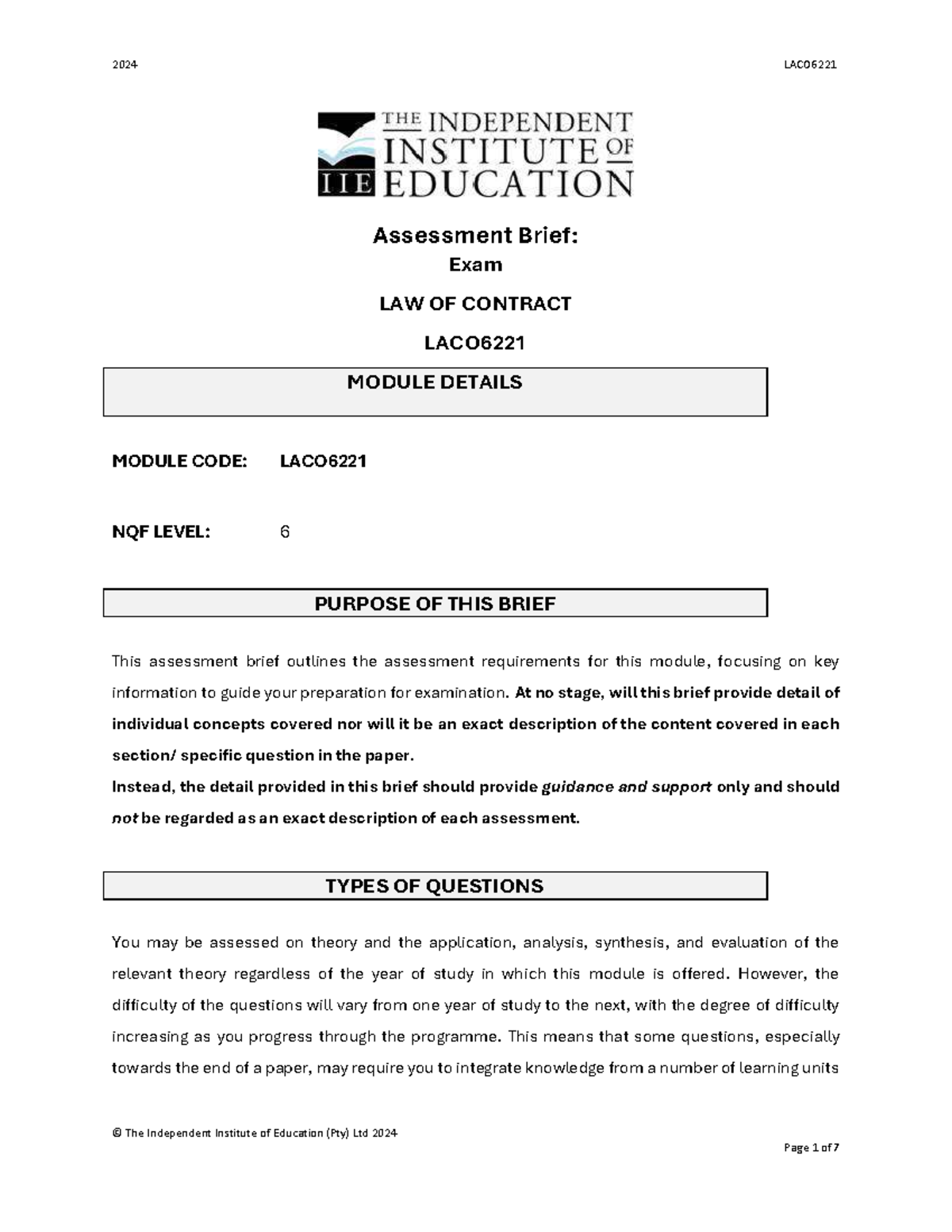 2024 LACO6221 Exam Assessment Brief: Law of Contract Overview - Studocu