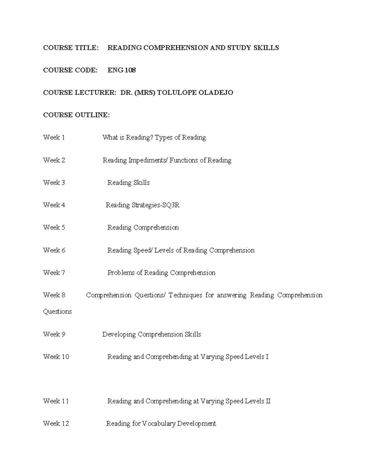 ENG 108: Reading Comprehension & Study Skills Lecture Notes - Studocu