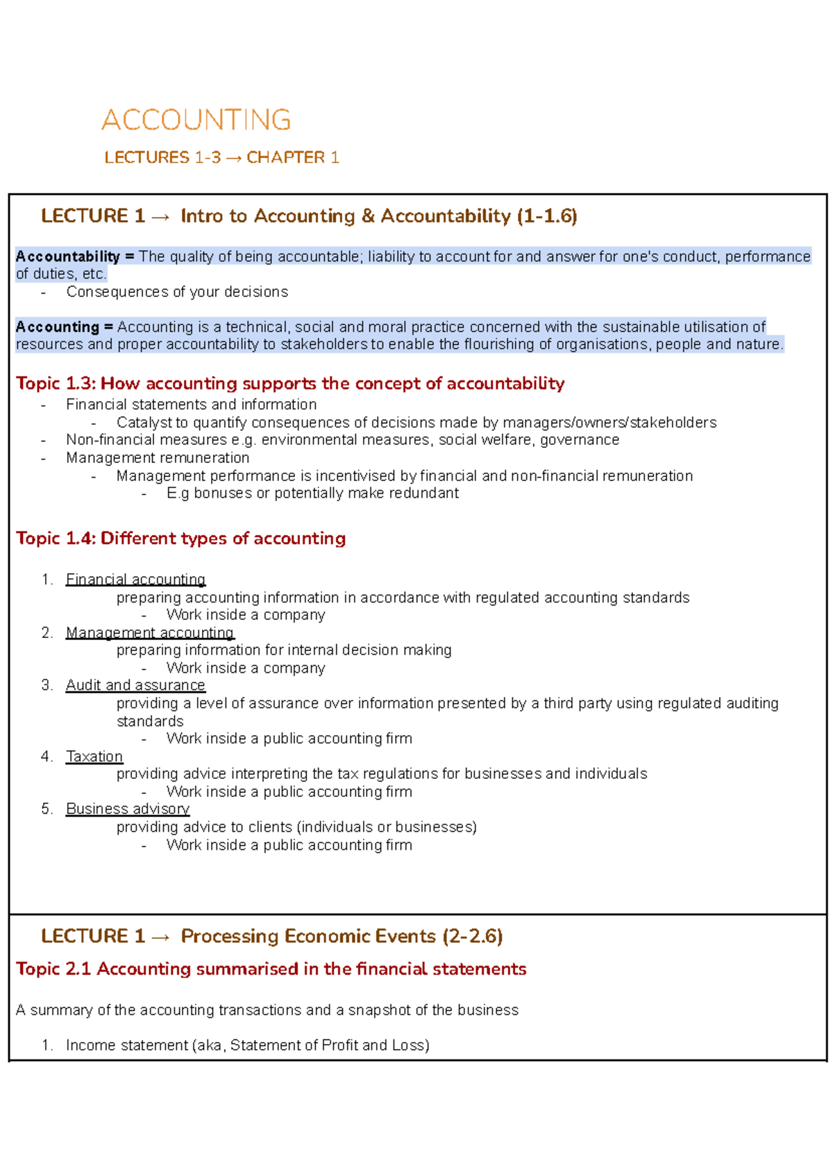ACCT 101: Lecture 1 Notes - Intro to Accounting & Accountability - Studocu