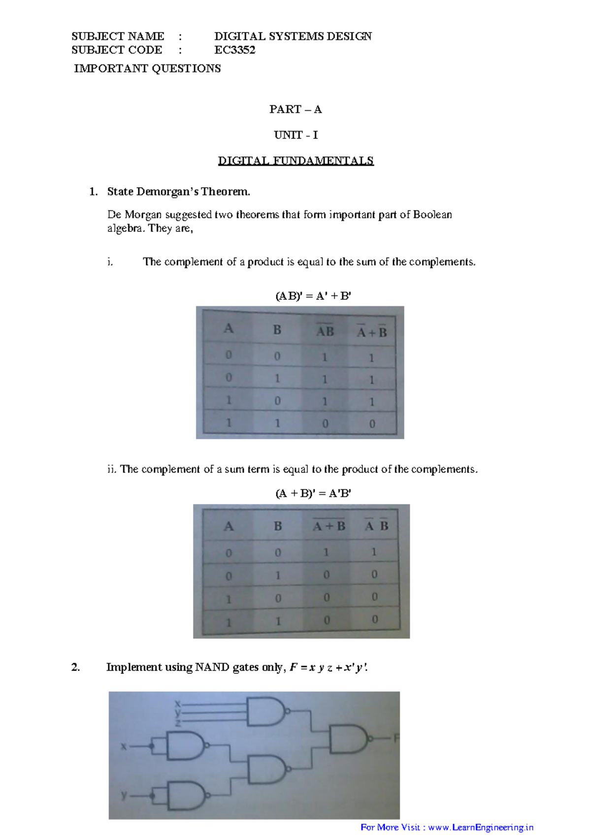 EC3352 Quiz 2 Important Questions: Digital Systems Design & Memory ...
