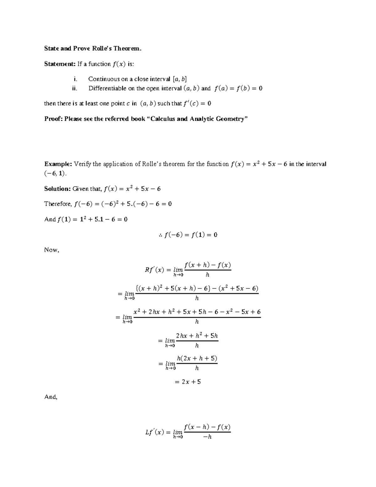 Lecture 4: Rolle's Theorem & Mean Value Theorem (MATH 101) - Studocu