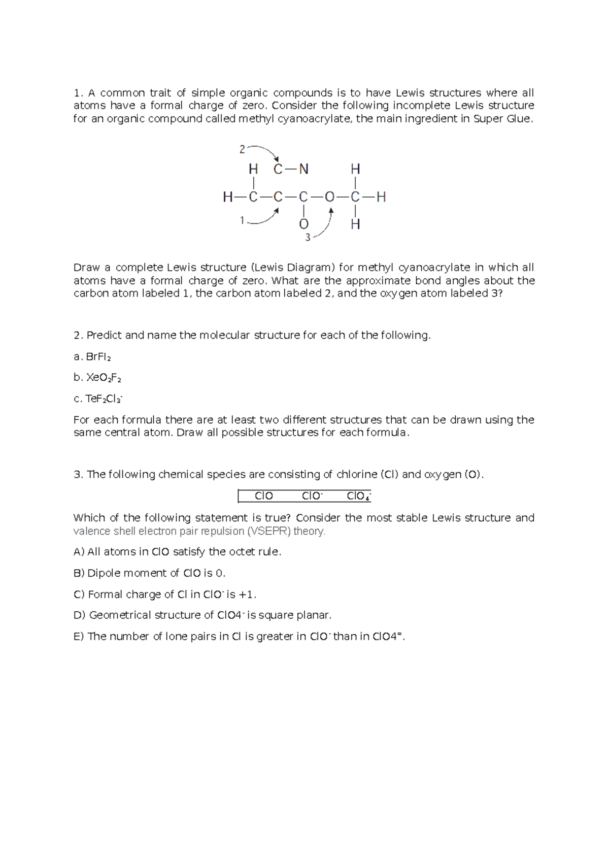 Chap3 Problem Set - Lewis Structures & Molecular Geometry - Studocu