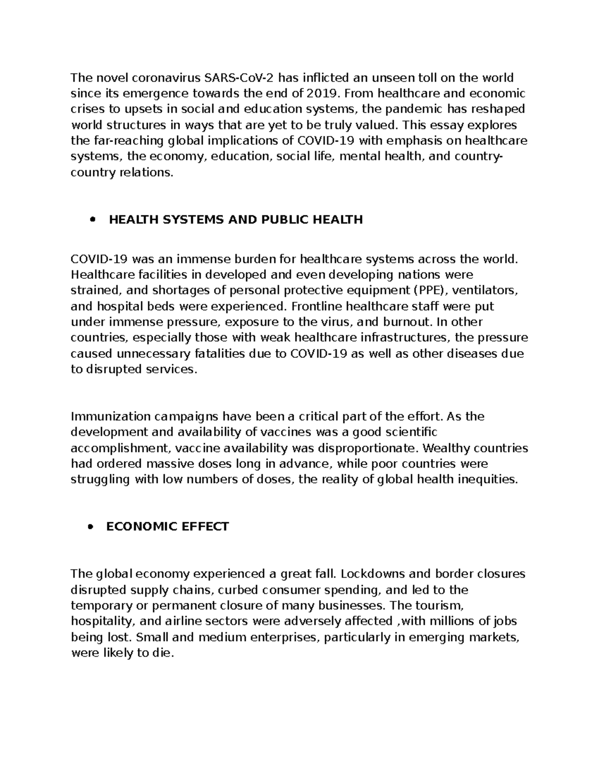 The Global Effects of COVID-19: Impacts on Health, Economy, and Society ...