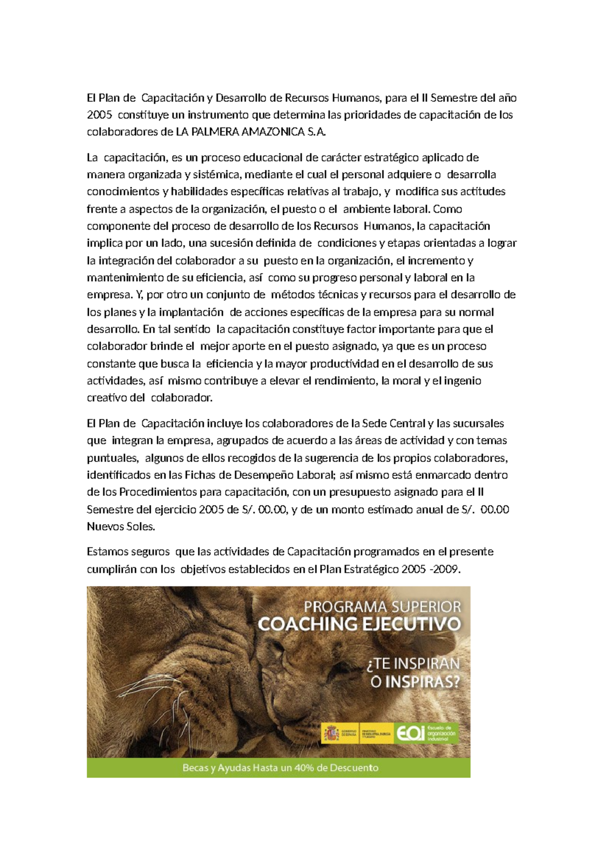Plan de Capacitación y Desarrollo de Recursos Humanos II Sem 2005 - Studocu