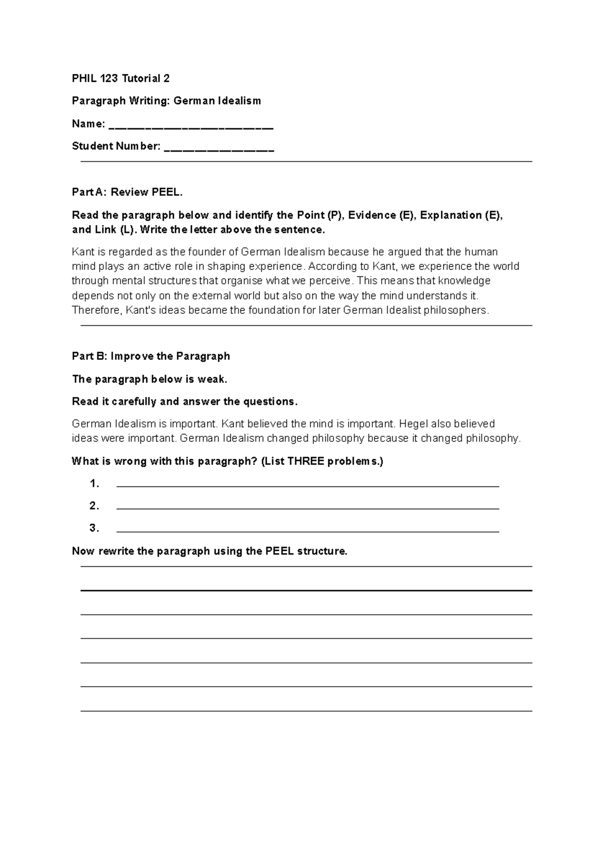 PHIL 123 Tutorial 2 Worksheet: Paragraph Writing on German Idealism ...