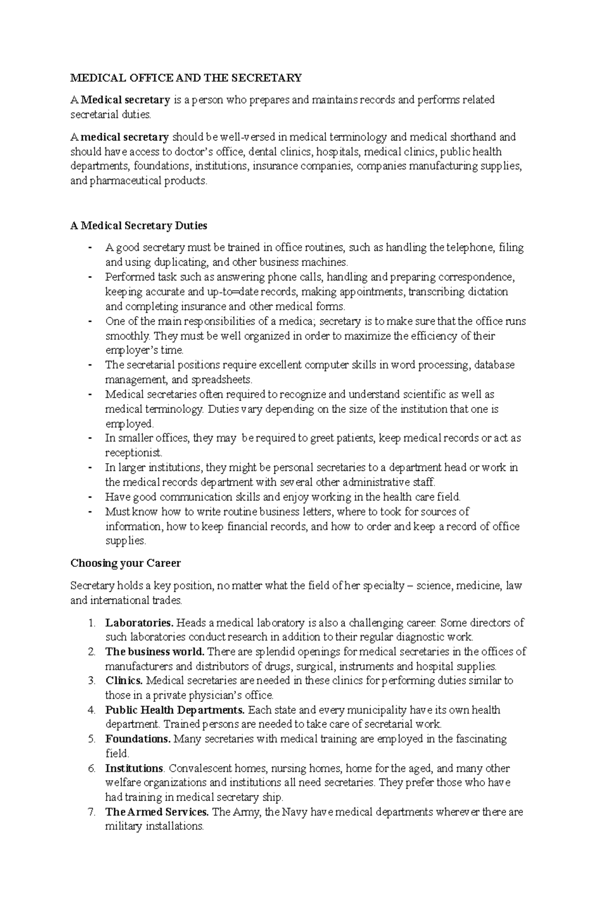 MED 101: Overview of Medical Secretary Roles and Responsibilities - Studocu