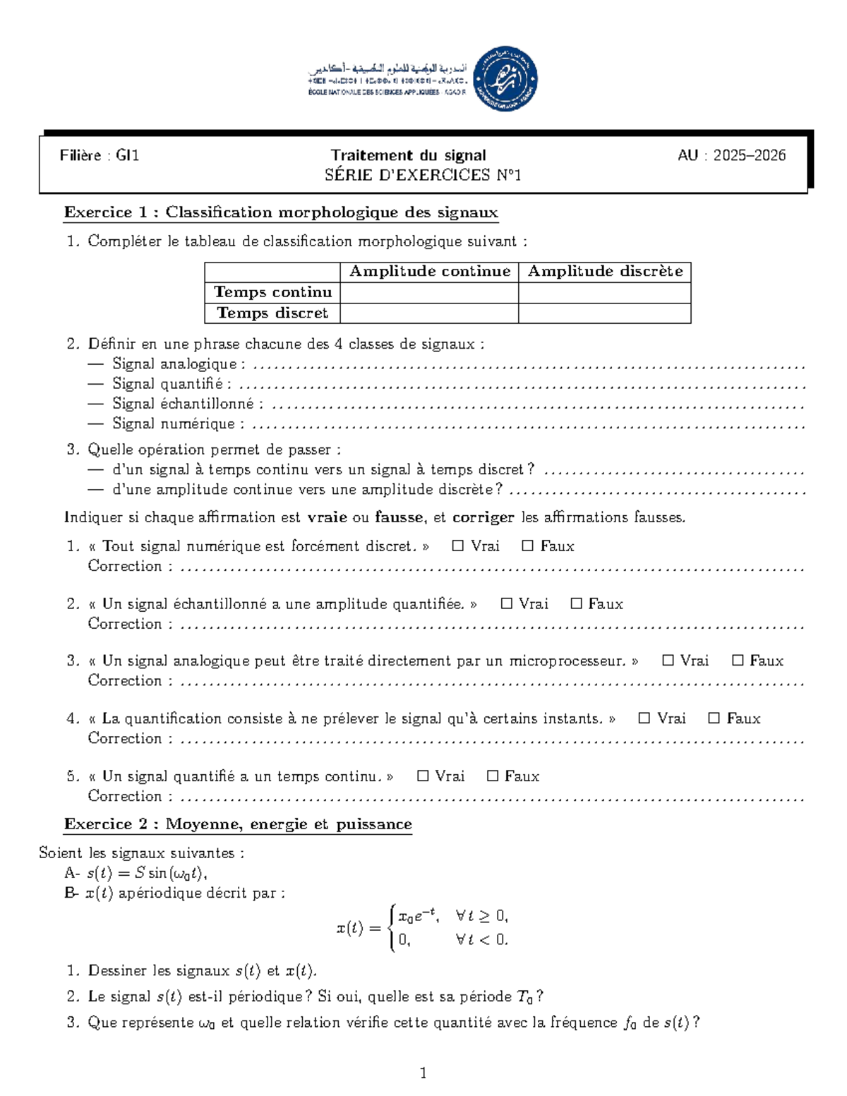 TD1 GI1 : Exercice sur la Classification et Analyse des Signaux - Studocu