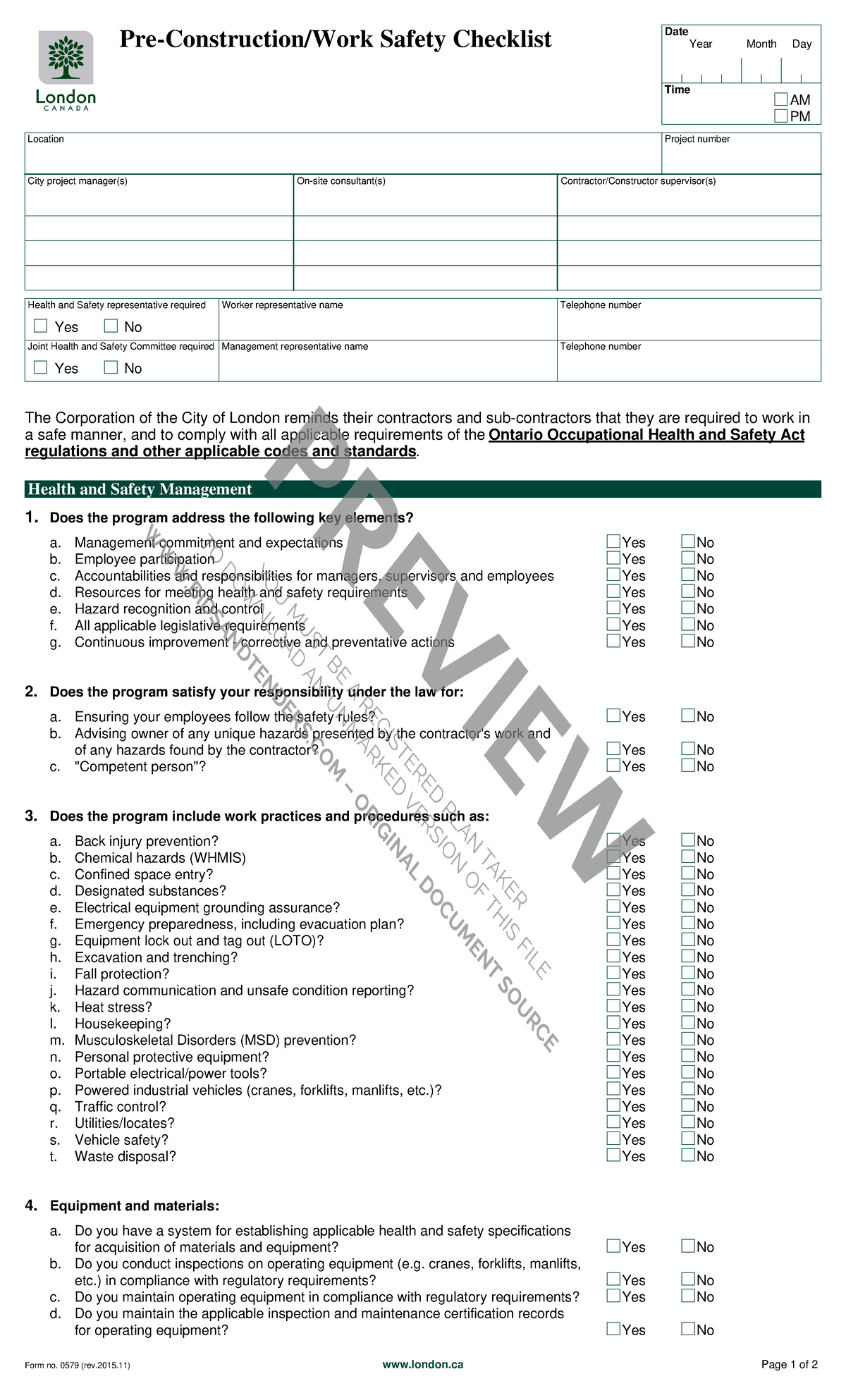 Appendix G - Pre-Construction-Work Safety Checklist - Pre-Construction ...