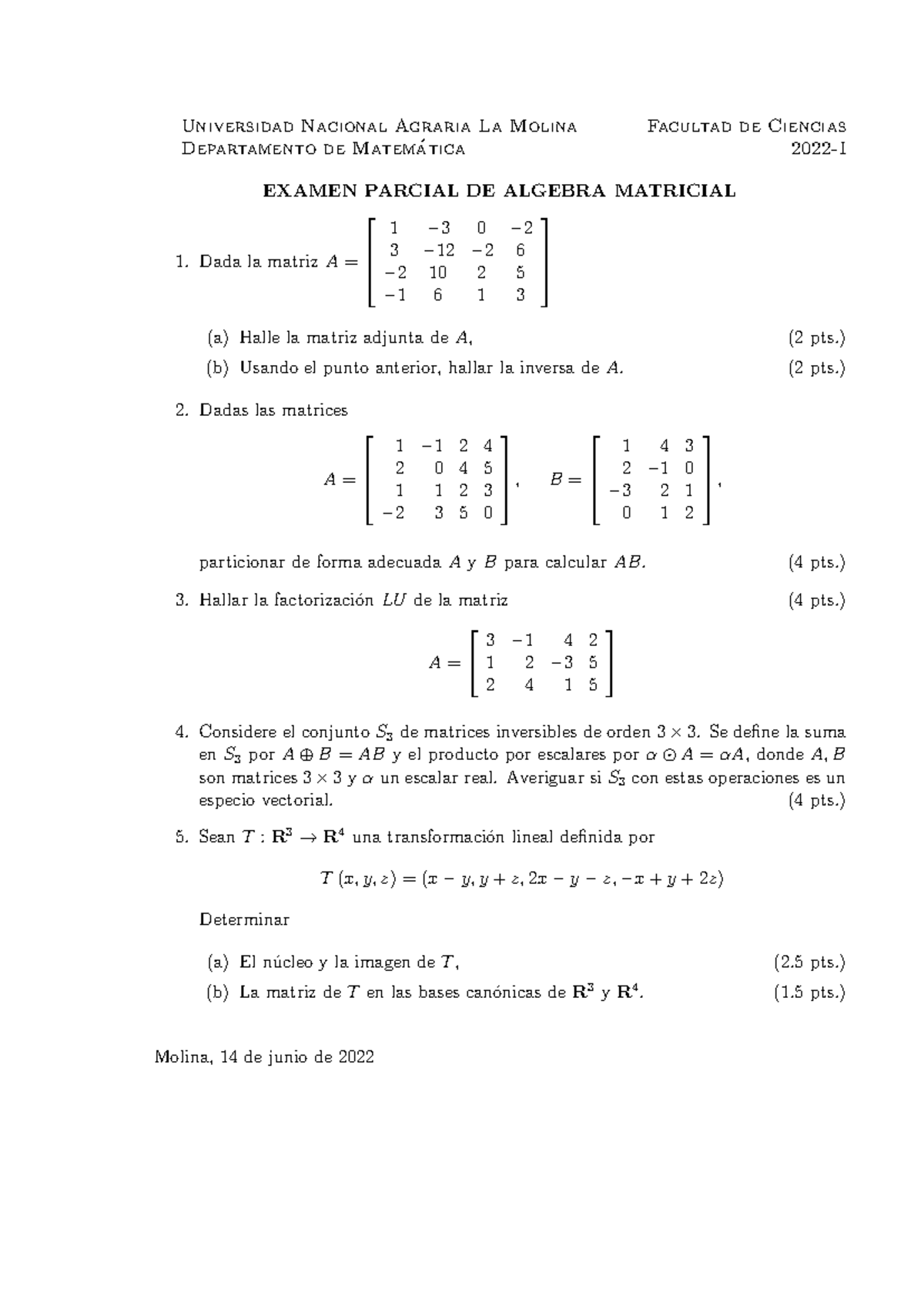 Examen Parcial de Álgebra Matricial 2022-I UNALM - Document Preview