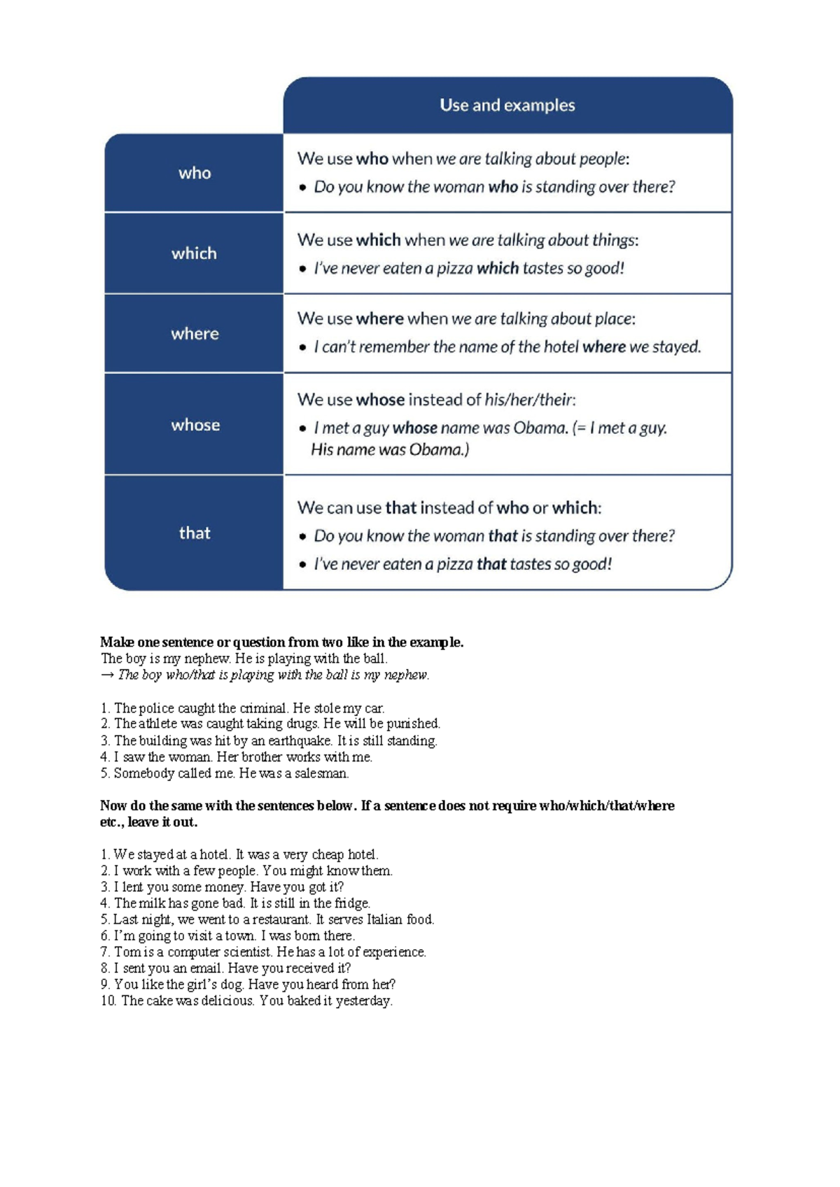 Relative clauses - for intermediate students - Make one sentence or ...