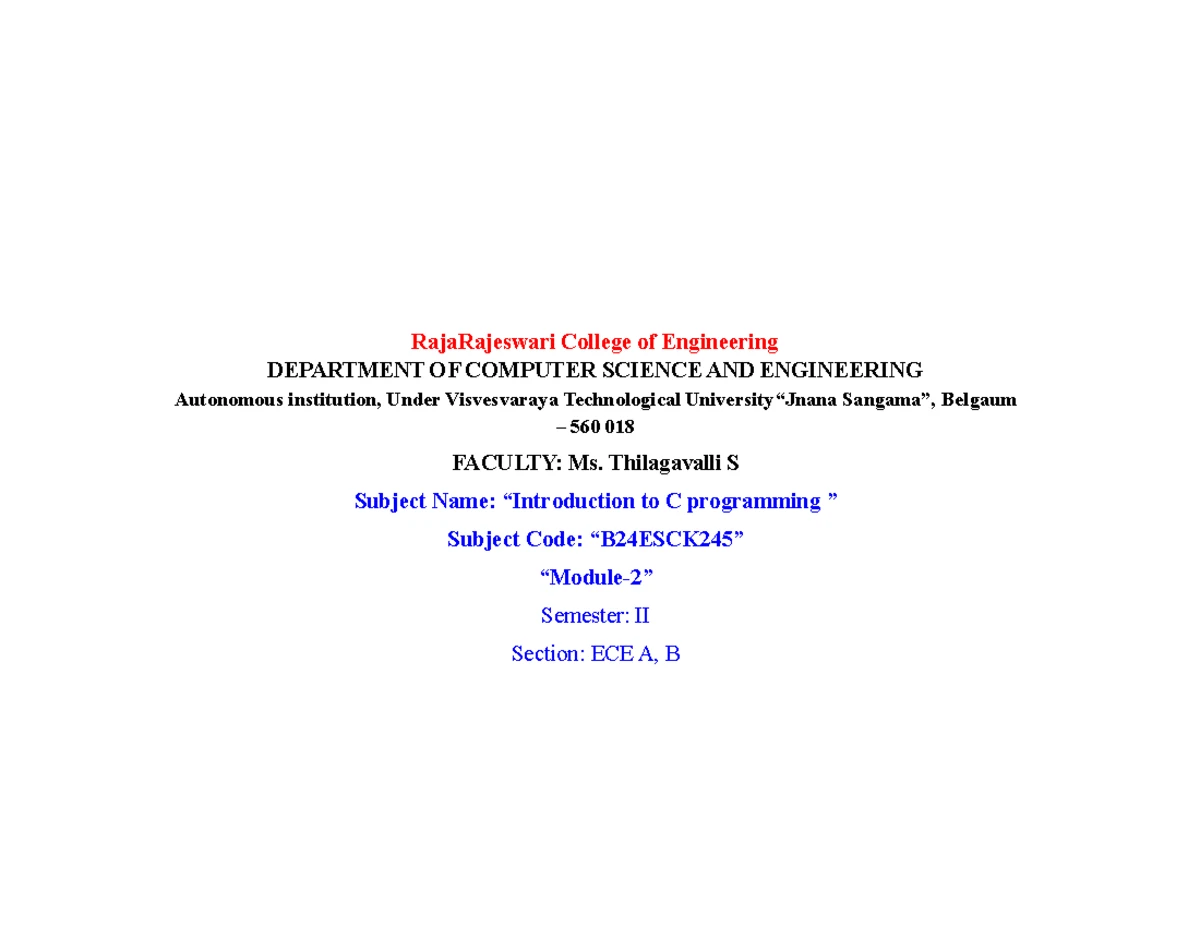 Introduction to C Programming - B24ESCK245 Module 1 Notes - Studocu