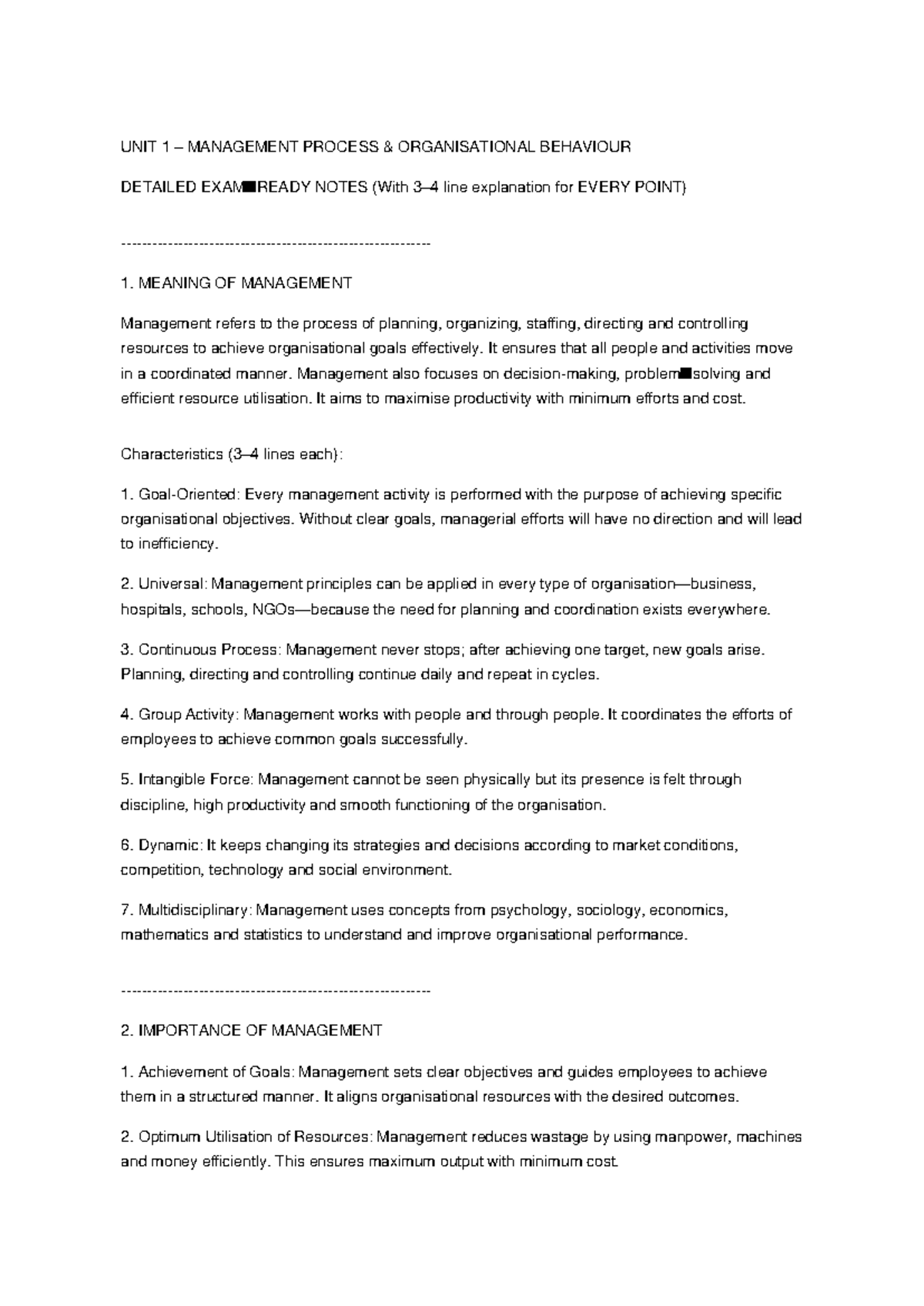 Unit 1 MPOB: Detailed Notes on Management Process & Organisational ...