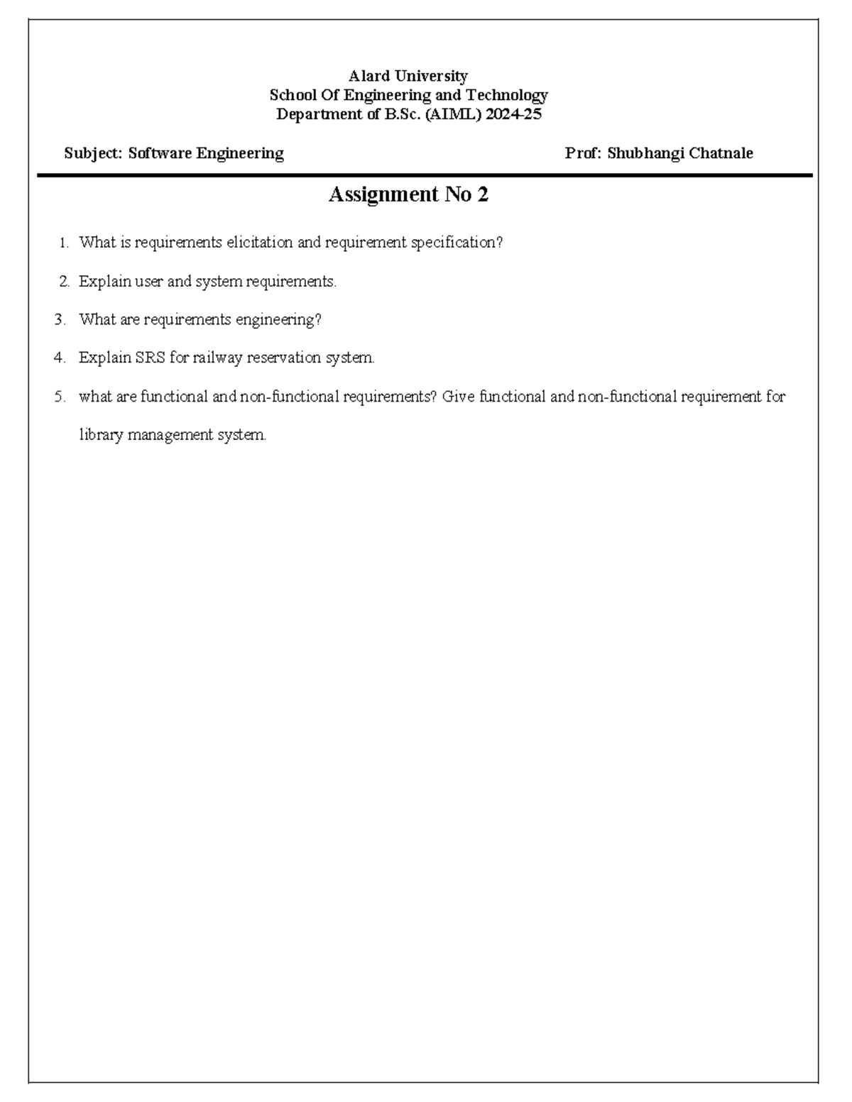 SE Assingment no 2 - assignment - Alard University School Of ...
