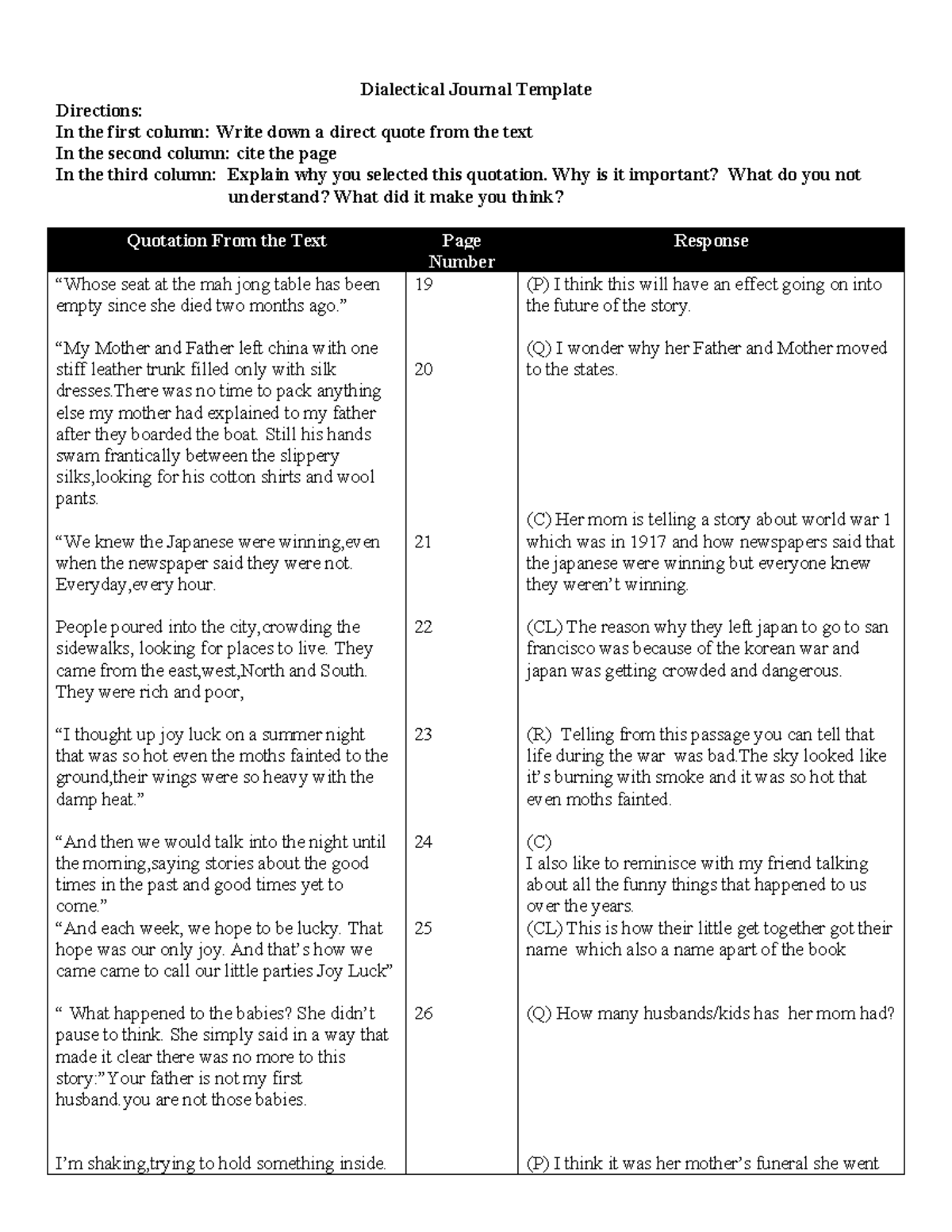 Dialectical Journal Template for Joy Luck Club Analysis - Studocu
