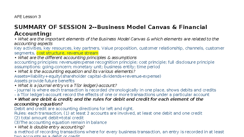 AFE Lesson 3 - Summary of Business Model Canvas & Accounting Principles ...