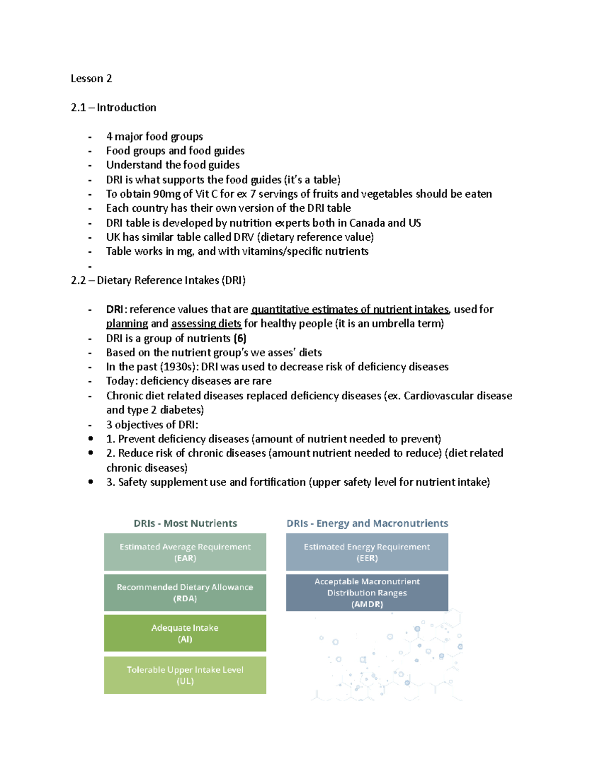 Lesson 2 Notes: Key Nutritional Concepts & DRI Overview for Exam ...