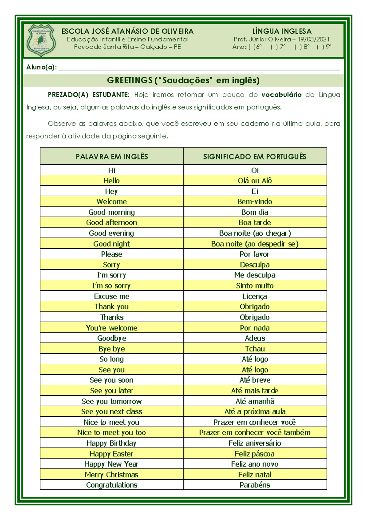 Saudações em Inglês - 6º e 7º Ano - ESCOLA JOSÉ ATANÁSIO - Studocu
