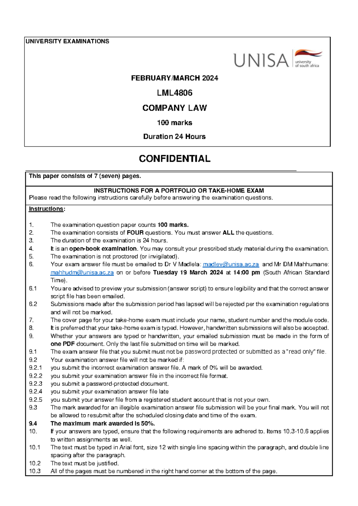 LML4806 Company Law Final Exam Paper - 2024 (100 Marks, 24 Hours) - Studocu