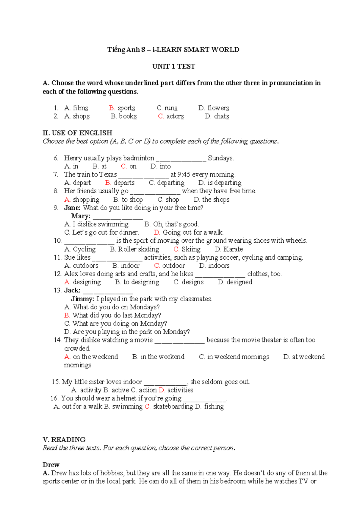 Tiếng Anh 8 SMART WORLD UNIT 2 TEST A & B - Studocu