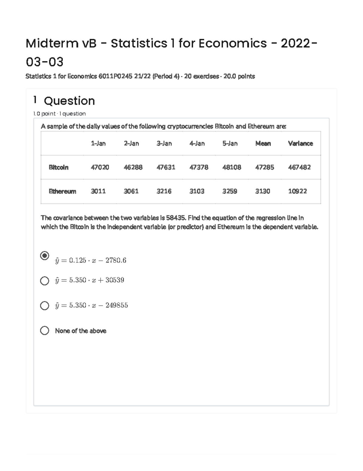 Stat1 Midterm Exam - 2022-03-03 - Statistics 1 for Economics - Studeersnel
