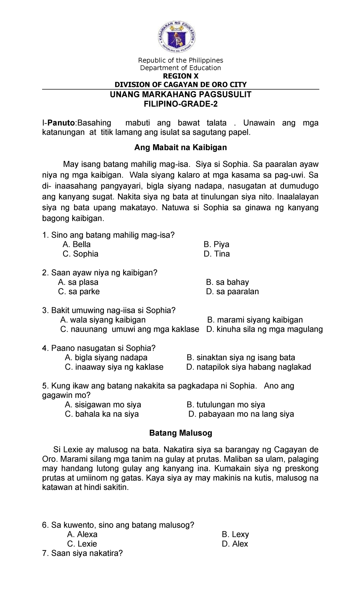 Filipino Grade 2 Q1 - Unang Markahang Pagsusulit - Studocu