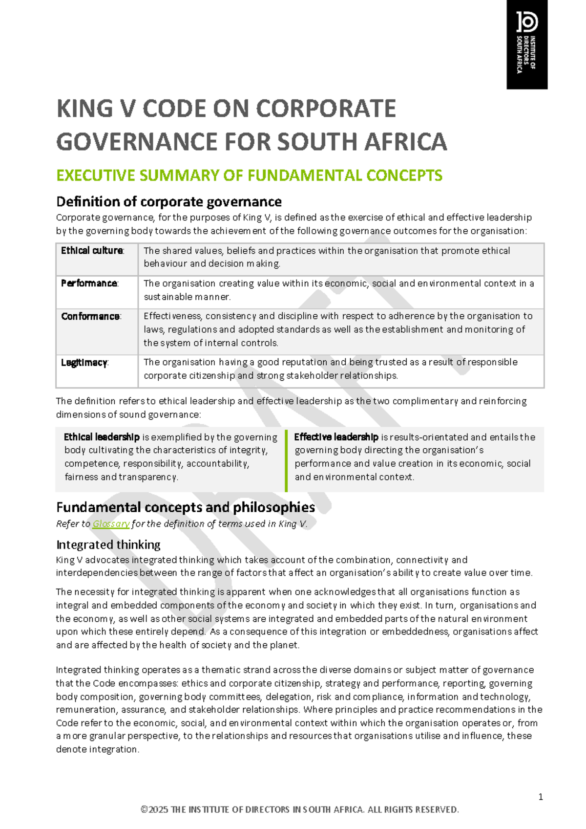 King V Code on Corporate Governance: Key Concepts & Principles - Studocu