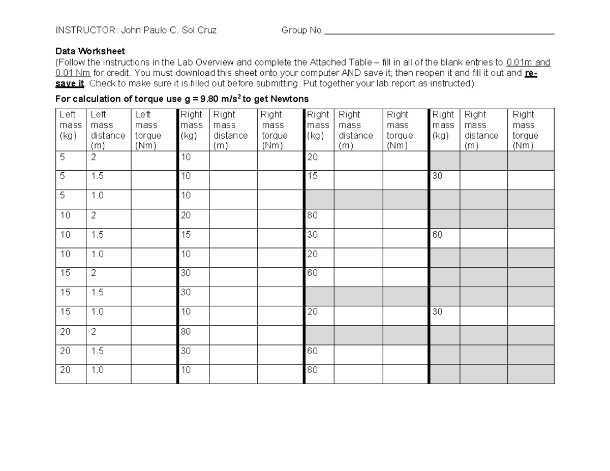 Balancing Torques and Equilibrium Data Worksheet - INSTRUCTOR: John ...