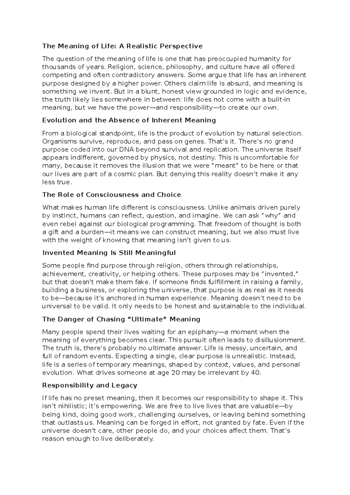 Essay - The Meaning of Life: A Realistic Perspective - Studocu