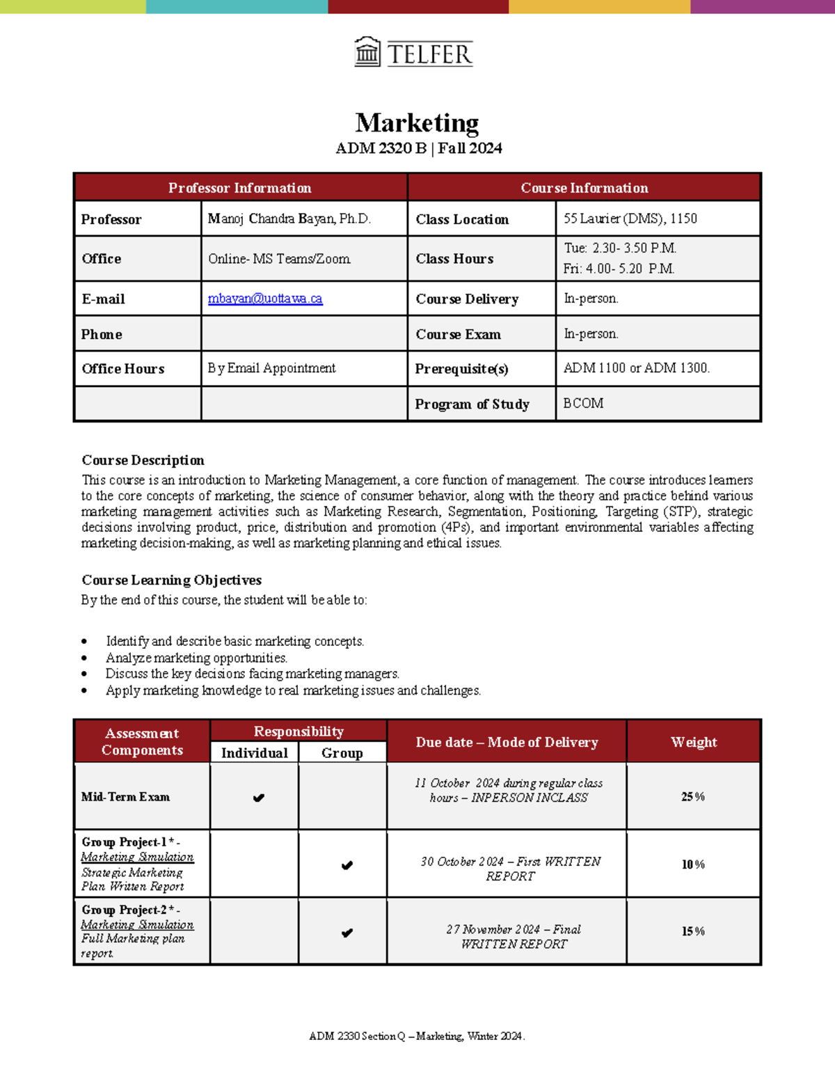 Marketing Management Syllabus ADM 2320 B - Fall 2024 with Prof. Manoj ...