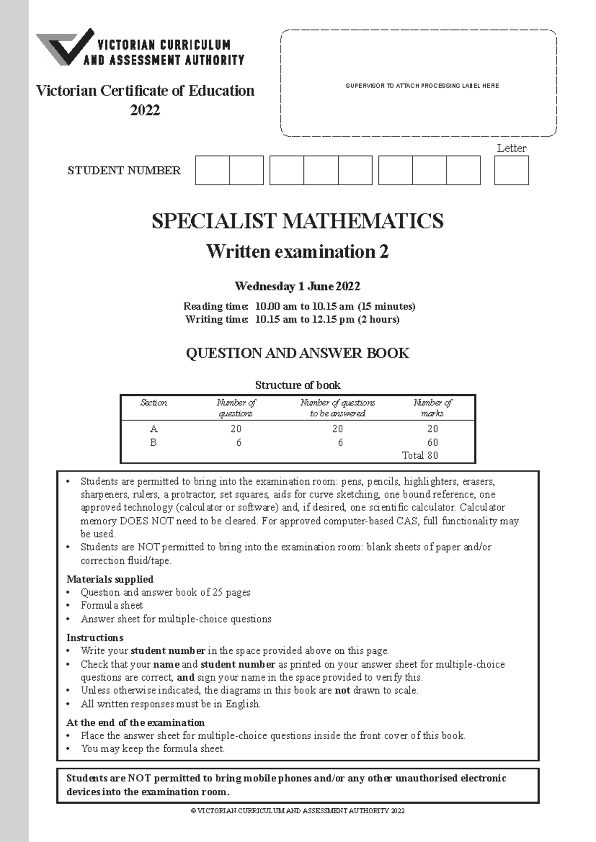 2022 VCE Specialist Mathematics Exam 2 - Detailed Overview - Studocu