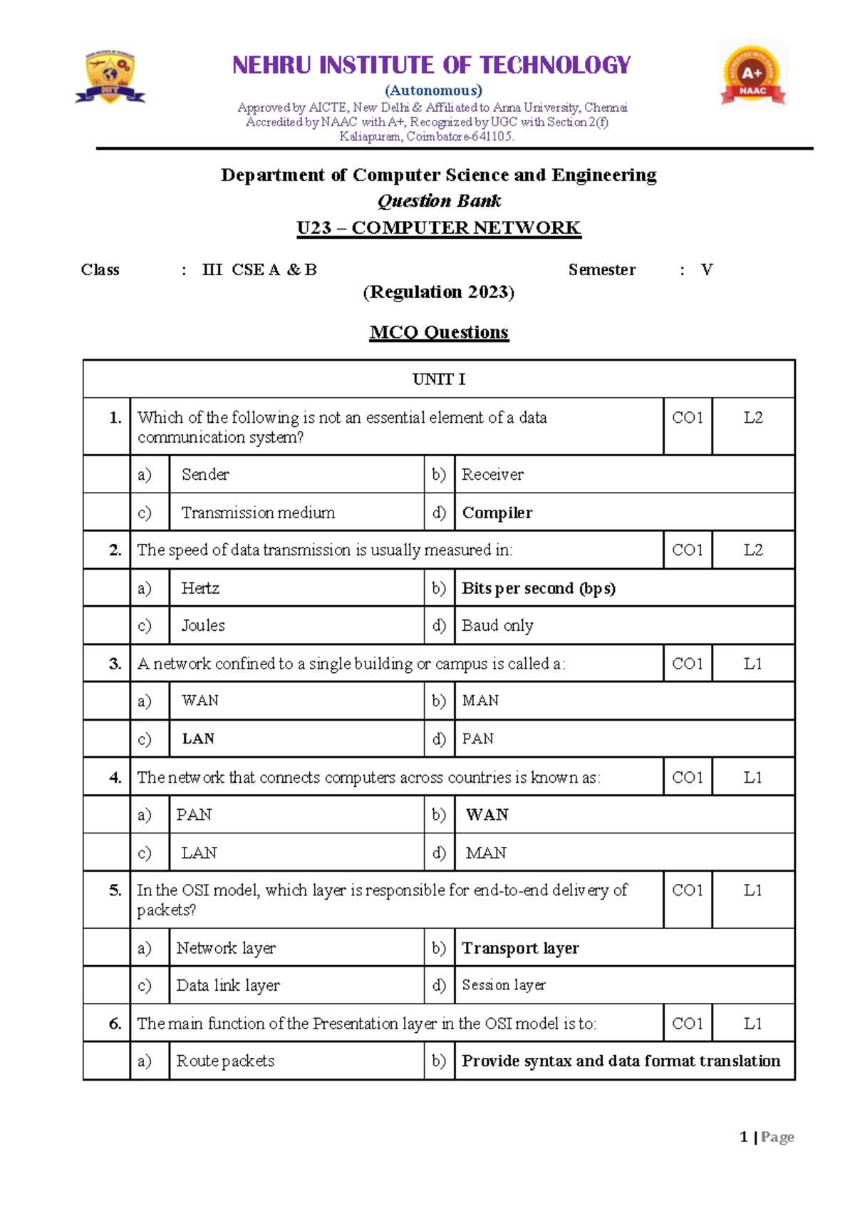 Computer Networks (U23CS502) Question Bank for Semester V - Studocu