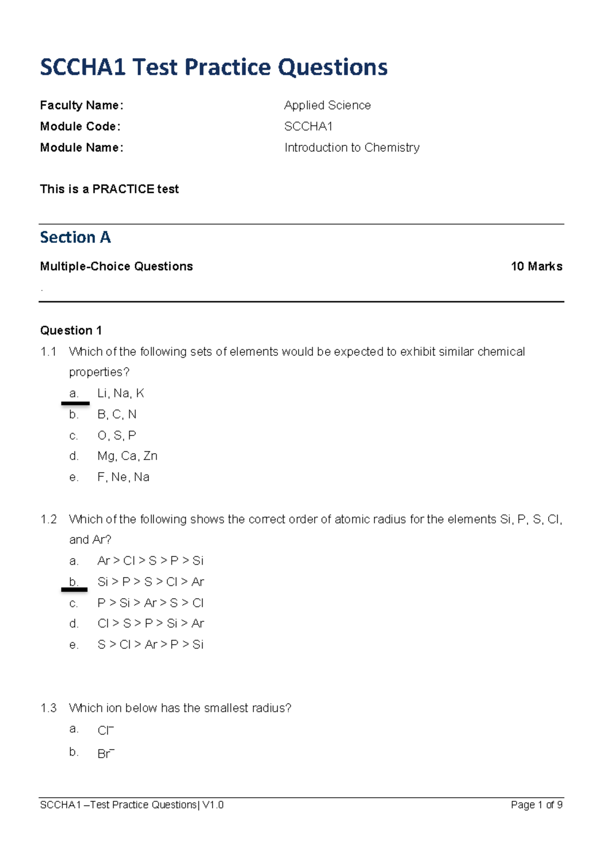 SCCHA1 Practice Test Questions for Introduction to Chemistry - Studocu